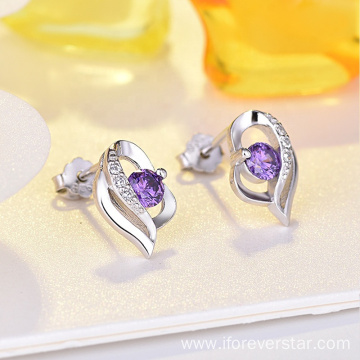 925 Silver Earrings Purple Cubic Zirconia Stud Earrings